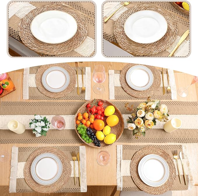 Boho Placemats 4/6/8 Set of Round Woven Placemat Macrame Style Bicolor Stitching Long Table Runner Farmhouse Rustic Natural Burlap Cotton for Kitchen Dining Table(6 Sets,Khaki B,12x72)