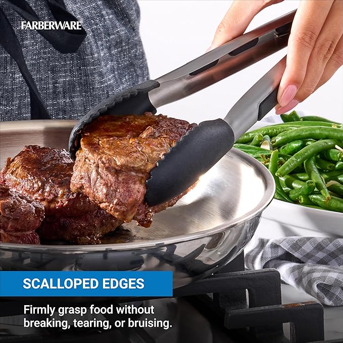 Farberware Silicone-Tipped Locking Kitchen Tongs – Heat Resistant, Nonstick Safe, Ergonomic Handle, Scalloped Tips, Durable and Dishwasher Safe, 9 Inch