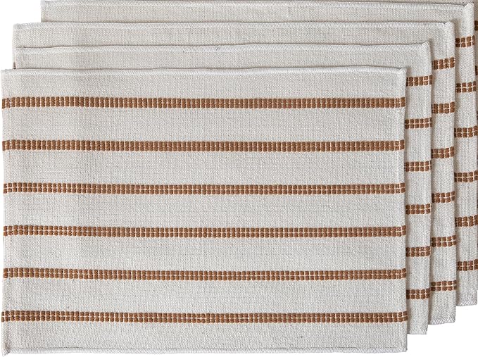 Caflife Boho Farmhouse Placemats Set of 4, Brown Stripes Cotton Linen Woven Table Mats for Modern Dining Table, 13x19 Inch Rustic Kitchen Decor Place Mats