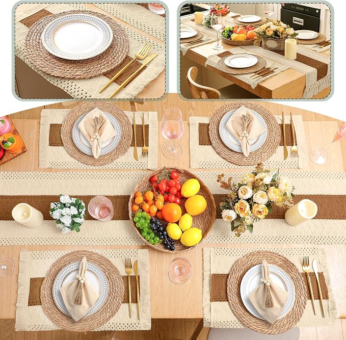 Boho Placemats 4/6/8 Set of Round Woven Placemat Macrame Style Bicolor Stitching Long Table Runner Farmhouse Rustic Natural Burlap Cotton for Kitchen Dining Table(6 Sets,Caramel Color,12x72)