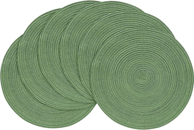 Floroom 15 Inch Round Braided Placemats Set of 6, Washable Heat Resistant Cotton Polyester Circle Place Mats for Kitchen Dining Table - Forest Green