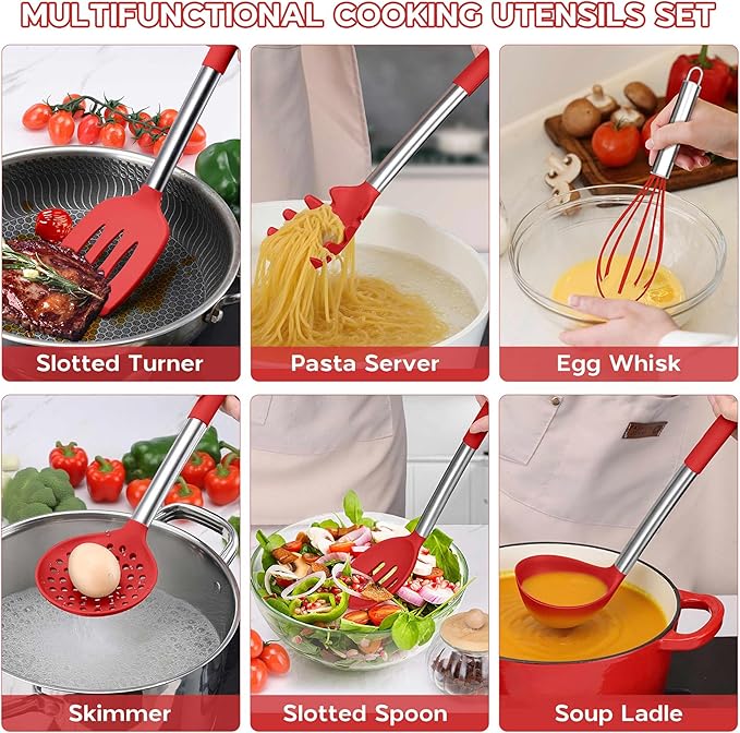 Onader 15 Pcs Silicone Cooking Utensils Set, Red Kitchen Utensils Spatula Set with Holder, Large Kitchen Gadgets Tools for Nonstick Cookware