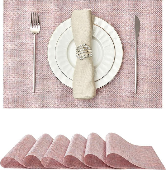 Leetaltree Sparkling Pink Iridescent Vinyl Woven Placemats, Set of 6, Waterproof Washable Dining Table Mats for Wedding, Anniversary, Daily Use & Decor