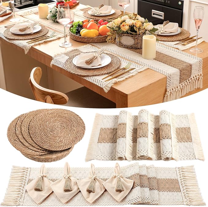 4 Sets Boho Decoration Placemats Round Woven Placemats, Cloth Napkins, Wood Bead Napkin Rings, Long Table Runner and Farmhouse Burlap Cotton for Table Kitchen (Khaki,12x72)