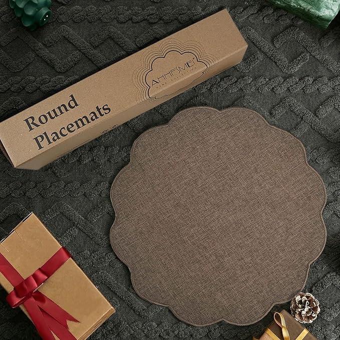 AHHFSMEI Round Faux Linen Placemats Set of 6 Heat Resistant Non-Slip Stain Proof Table Mats for Kitchen Dining Elegant Decor Place Mats (Brown,6)