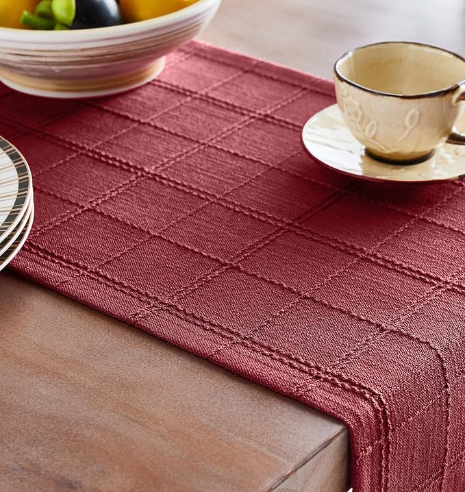 ZeeMart Linen Checked Farmhouse Table Runner, 13x72 Inches Burgundy | Raised Grid Design, Rich Woven Texture, Linen Blend Table Runners 72 Inches Long, Machine Washable, Boho Home Kitchen Decor