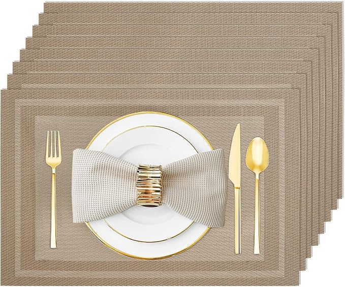 Placemats Set of 8 Washable&Wipeable Place mats for Dining Table Kitchen Indoor Outdoor Table Mats Heat Resistant Non Slip Woven Vinyl Table Placemats (Khaki，8PCS)