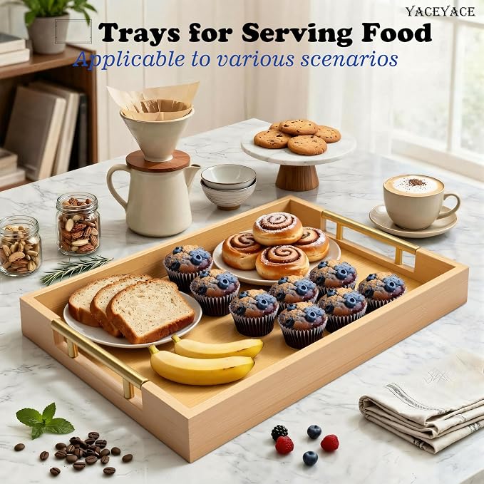 Bamboo Serving Tray with Metal Handles, 15.75" x 11.8" x 1.7" Medium Serving Tray for Kitchen Counter, Food, Ottoman Coffee Table, Bathroom