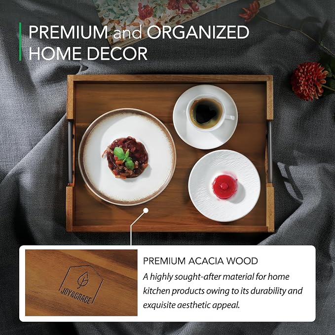 Joy&Grace Ottoman Tray for Living Room, Large Acacia Wooden Serving Tray with Handles for Coffee Table, Breakfast in Bed, Food Dinner, Decorative Tray (Color Natural, 16.7" x 12.8" x 2")