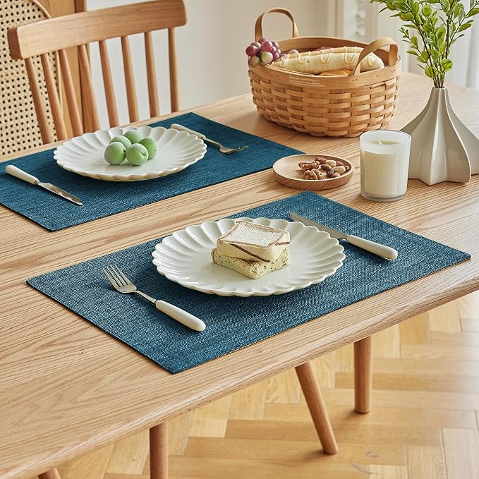 Softalker Faux Linen Placemats Set of 12-12 x 18 Inch, Heat Resistant Double Layered Durable Burlap Farmhouse Place Mats, Non-Slip Washable Rustic Table Mats for Dining, Kitchen, Party（Teal