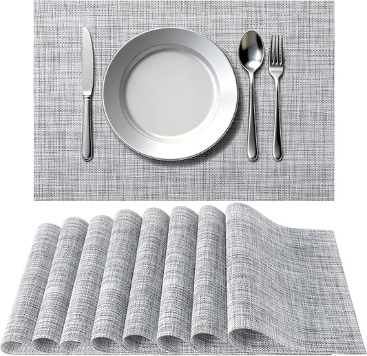 Timeet Placemats Set of 8, Heat Resistant Non-Slip Place Mats for Dining Table, Durable Washable PVC Vinyl Woven Table Mats, Linen Textured Placemats for Kitchen Resistant Easy to Clean(Gray