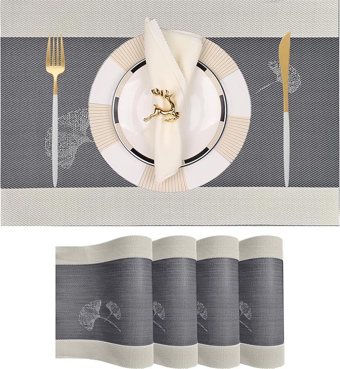 PIGCHCY Ginkgo Placemats Set of 4, Non-Slip Placemats Easy to Wipe Clean Kitchen Durable Table Mats for Home/Dining Room Decoration (Black Gray,18 X 12 inches)