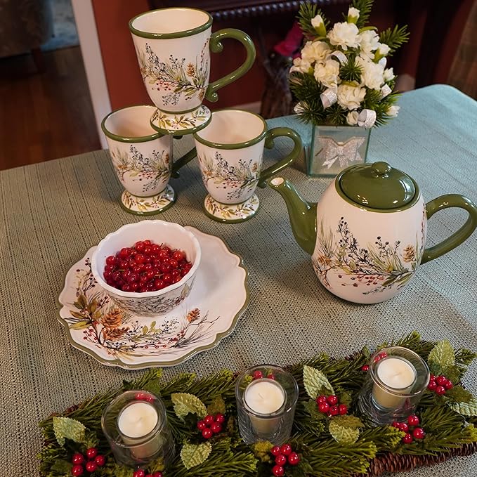 Winters Forest Holiday Mugs Set of 4 – 18oz Large Ceramic Coffee, Cocoa & Tea Cups with Evergreen Pinecone & Berry Design – Dishwasher Safe Winter Drinkware for Entertaining, Gifts & Hot Beverages