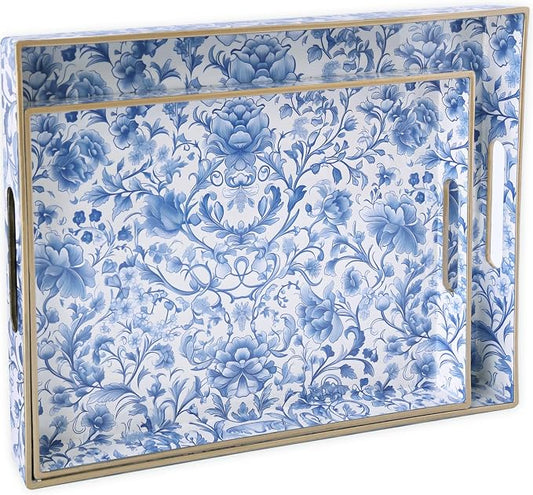 Serving Tray with Handles, 2 Pack Rectangular Plastic Tray 15.75x11.81 Inch, Blue and White Peony Chinese Porcelain Style Decorative Tray for Kitchen, Dining Table, Vanity, Office & Home