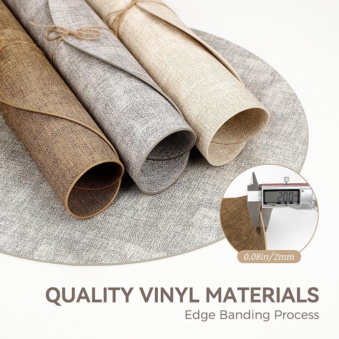 13" Round Placemats Set of 12, Reversible Faux Leather Heat Resistant Table Mats, 100% Waterproof Oilproof Wipeable Table Protective Placemats for Vinyl, Washable for Indoor (12, Light Brown)