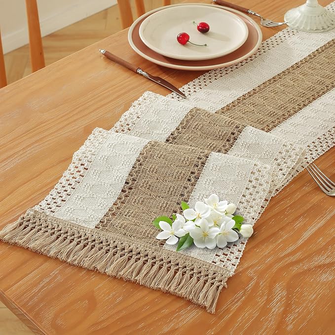 Niviy Boho Table Runner for Brown White Tassel Home Decor 72 Inches Long, Modern Farmhouse Decor Rustic Macrame Cotton Linen Woven Coffee Table Runners for Dining Table Decoration