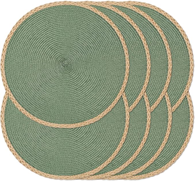 Noctiflorous Braided Round Placemats Set of 8, 15 Inch Woven Table Mats, Non-Slip Washable Thin Edge Place Mats for Kitchen Dining Table Decor (Green, 8)