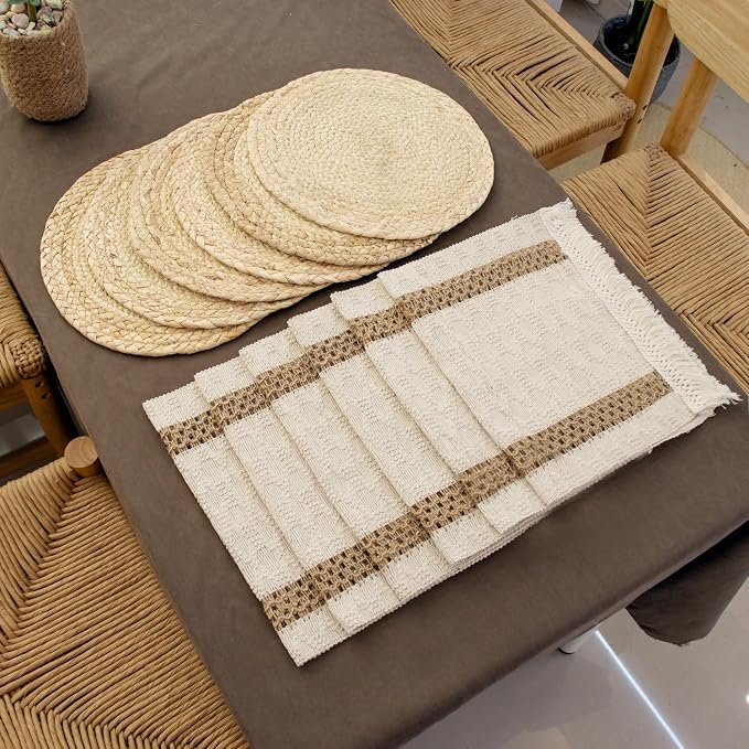 Openwork Placemats with Tassels for Dining Table Decor, Cotton-Linen Blend Rectangle Farmhouse Rustic Style Woven Table Mats - Set of 4