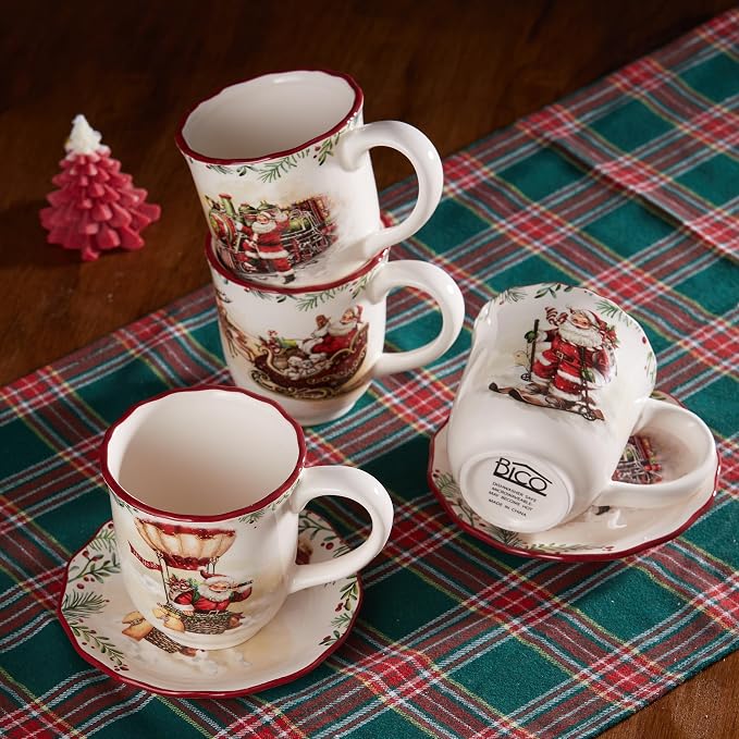 Bico Santa on the Way Ceramic Mug Set of 4, Christmas Coffee Mugs, 16oz Holiday Cups for Tea, Cocoa, or Hot Drinks, Microwave & Dishwasher Safe