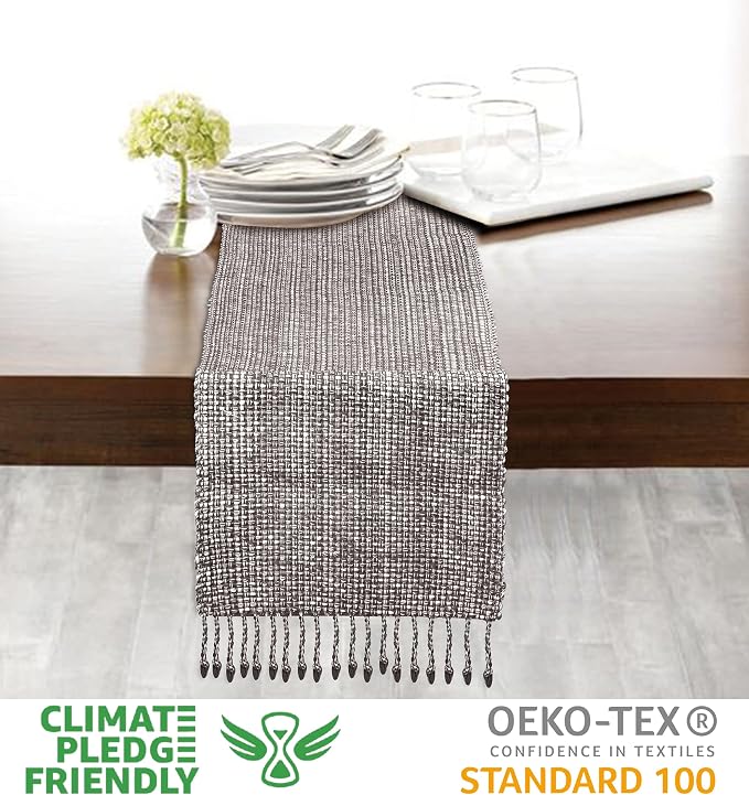 Urban Villa Two Tone Table Runner - 100% Cotton, Brown/Ivory, 14''x72'' with Fringes, Perfect for Kitchen, Dining, BBQs and Everyday Use