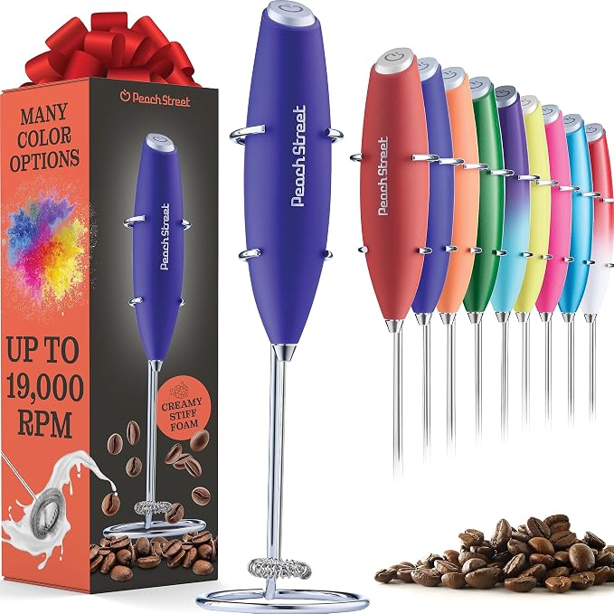 Powerful Handheld Milk Frother, Mini Milk Foamer, Battery Operated Stainless Steel Drink Mixer with Frother Stand