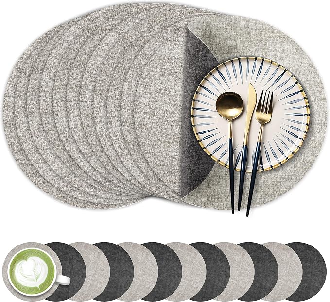 13-Inch Faux Leather Round Placemats Set of 12, Waterproof Anti-Slip Dual Sided Place mats, Heat Resistant Washable Table Mats with Coaster, Suitable for Indoor & Outdoor (12, Black Light Gray)