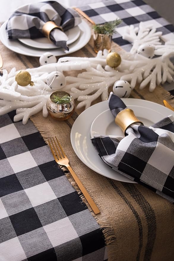 DII Jute Burlap Collection Kitchen Tabletop, Table Runner, 14x108, Double Border Gray