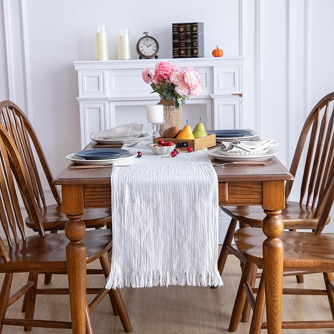 Simple&Opulence Linen Cotton Table Runner - 14 x 108 Inch, Farmhouse Linen Table Runner with Fringed Edges for Bohemian Rustic Wedding, Bridal Shower, Dinner （ White ）