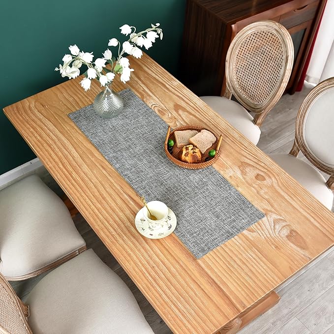 Farmhouse Rustic Faux Linen Table Runner Neutral Grey Table Runners Double Layer Reversible Rectangle Runners for Daily Use Kitchen Dining Banquet Holiday 13x36 Inch