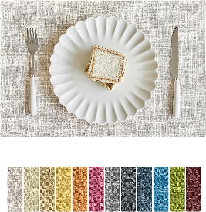 Softalker Faux Linen Placemats Set of 8-12 x 18 Inch, Heat Resistant Double Layered Durable Burlap Farmhouse Place Mats, Non-Slip Washable Rustic Table Mats for Dining, Kitchen, Party（Cream