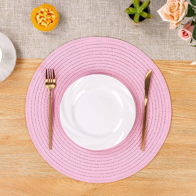 SHACOS Round Braided Placemats Set of 4 Washable 15 inch Round Table Mats for Dining Table Place Mats Home Wedding Party Decor (Pink, 4)