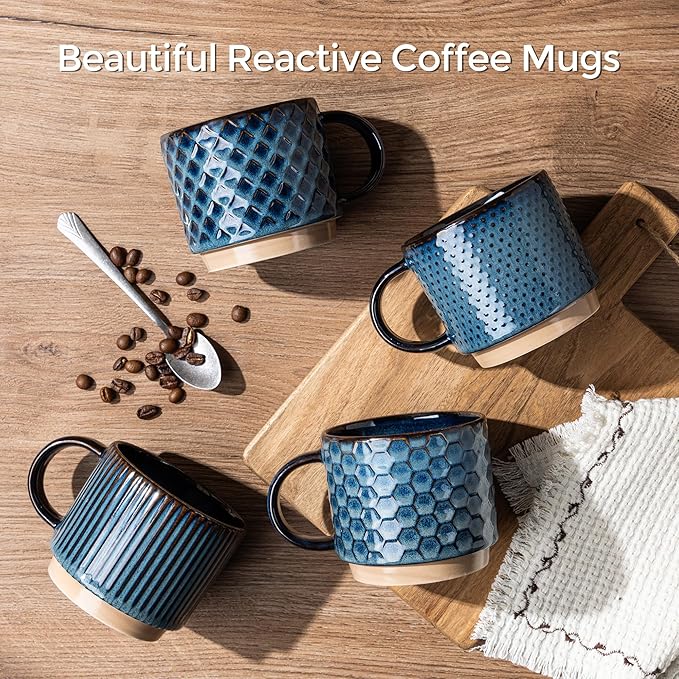 GBhome 12 OZ Stackable Coffee Mugs, Ceramic Coffee Mugs with Texture Patterns for Man,Woman,Dad,Mom, Modern Coffee Mugs Set of 4 for Latte/Cappuccino/Cocoa. Dishwasher&Microwave Safe