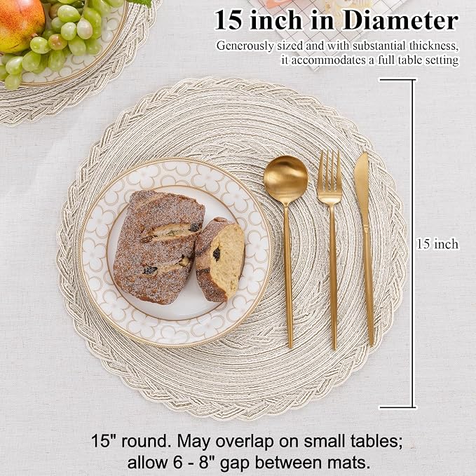 SHACOS Round Placemats Set of 4 Boho Braided Border Table Place Mats for Dining Table Wedding Holiday Party (Ivory Bordered, 4)