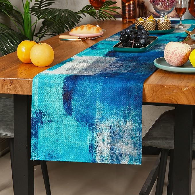 Turquoise Table Runner Teal Abstract Modern Art Painting Blue Table Linen for Farmhouse Kitchen Dining Parties Home Decor 13 x 108 Inch