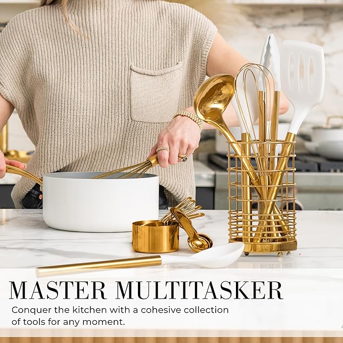 Styled Settings White and Gold Cooking Utensils Set with Holder - 15-Piece Silicone Cooking Tools with Utensil Holder, Measuring Cups, and Spoons - Elegant White and Gold Kitchen Accessories