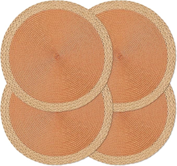 Noctiflorous Braided Round Placemats Set of 4, 15 Inch Woven Table Mats, Non-Slip Washable Wide Edge Place Mats for Kitchen Dining Table Decor (Orange, 4)