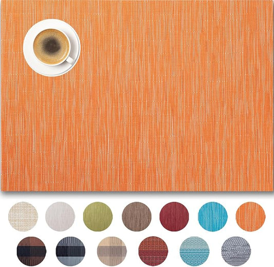 Placemats Set of 6 - Easy Clean Woven Vinyl Placemats for Dining Table, Indoor/Outdoor Place Mats, Washable PVC Table Mats （Orange）