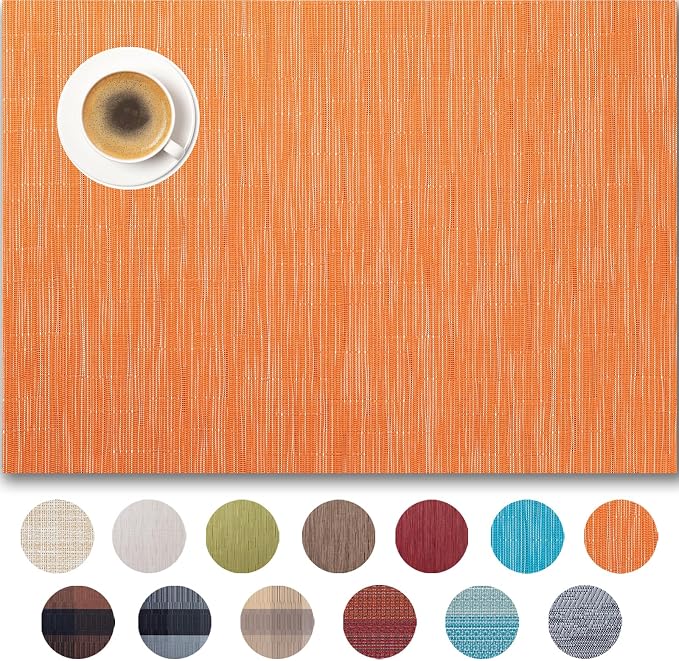 Placemats Set of 8 - Easy Clean Woven Vinyl Placemats for Dining Table, Indoor/Outdoor Place Mats, Washable PVC Table Mats （Orange）