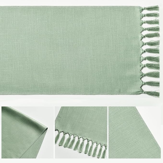 Artoid Mode Sage Green Tassel Table Runner, Spring Linen Blend Rustic Farmhouse Style Kitchen Table Decoration Holiday Wedding Party Dinning Decor 13x48 Inch