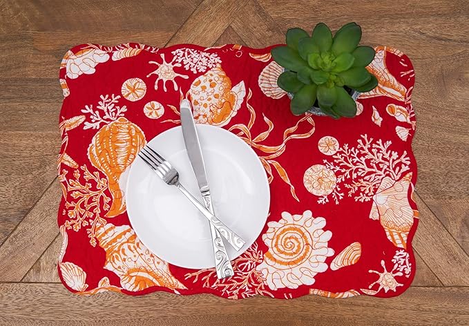 C&F Home Ruby Red & Orange Vintage 100% Cotton Quilted Set of 6 Placemats 13" x 19" Versatile Summer Shells Coral Coastal Ocean Beach Kitchen Dining Dinner Table Tabletop Scalloped Machine Wash