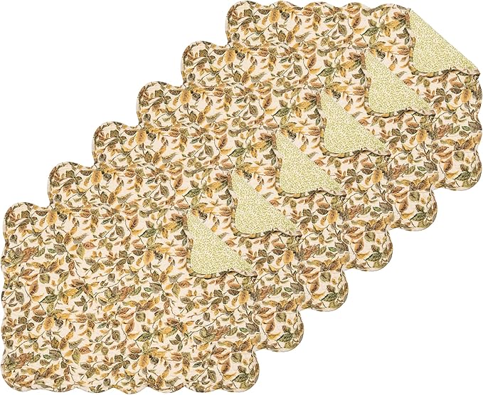 C&F Home Iris Yellow & Green Leaves Vintage Design Quilted 100% Cotton Set of 6 Placemats 13" x 19" Spring Floral Fall Autumn Harvest Thanksgiving Kitchen Tabletop Reversible Machine Washable Linen