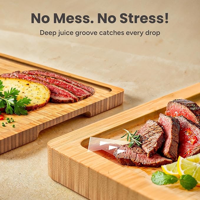 SMIRLY Bamboo Cutting Boards for Kitchen - Wood Cutting Board with Handle and Juice Groove - Wooden Chopping Board Set of 3 with Holder