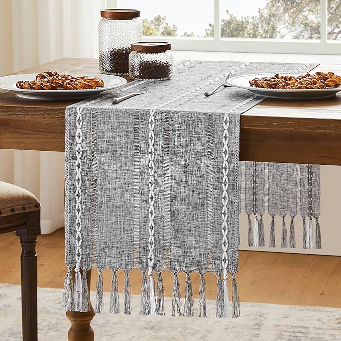 Hemstitched Farmhouse Table Runner, Charcoal 13x36 Inch, Cotton Linen Table Runners 36 Inches Long, Embroidered Striped Grey Boho Table Runner Rustic Home Decor