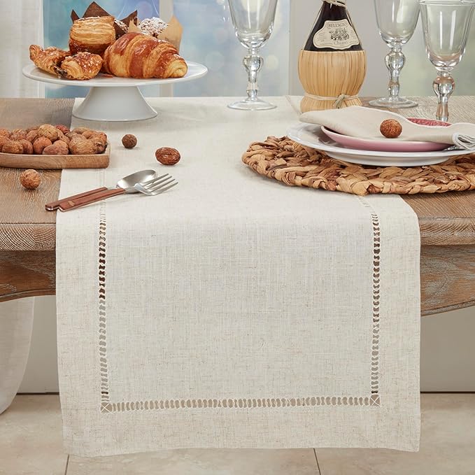 Saro Lifestyle Poly and Linen Blend Hemstitched Table Runner with Hemstitch Border, 18"x108", Natural