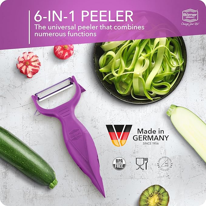Borner 6-in-1 Fruit and Vegetable Peeler with Stainless Steel Double-Edged Blade, Multi function with Corer, Potato Eye Remover and Mini Grater, Made in Germany, Purple