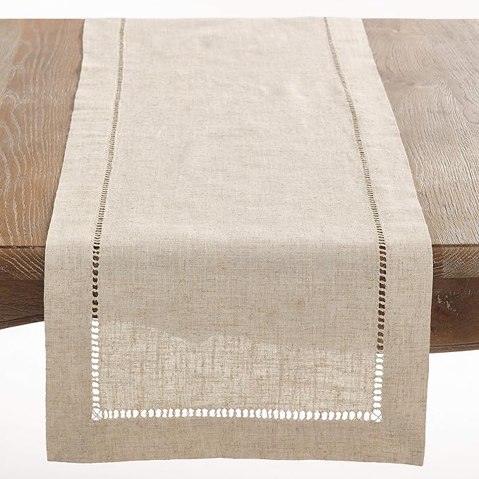 Saro Lifestyle Poly and Linen Blend Hemstitched Table Runner with Hemstitch Border, 16"x36", Natural