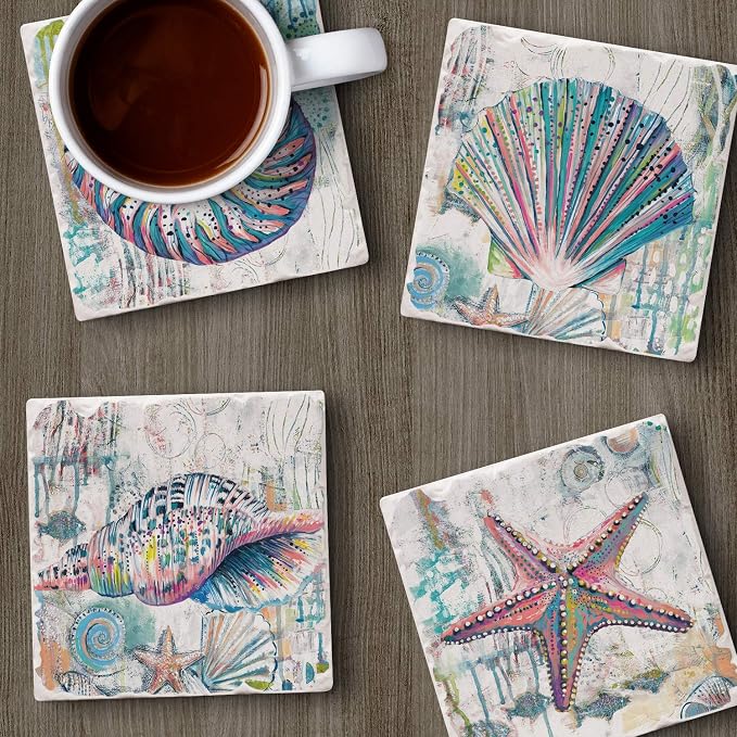 Thirstystone Jewels of The Sea 4 Pack Assorted Tumbled Tile Stone Coasters with Protective Cork Backing Manufactured in The USA Absorbent Easily Wipes Clean