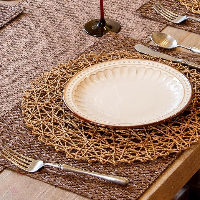 AHHFSMEI Paper Braided Round Placemats Set of 12 Natural Non-Slip Heat Resistant Table Mats for Dining Tables Woven Indoor & Outdoor Place mats(Brown,12)