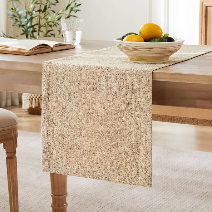 ZeeMart Burlap Style Farmhouse Table Runners 90 Inches Long, Beige Rustic Woven Dining Table Runner for Everyday Use, 14x90 Inches, Oatmeal Beige