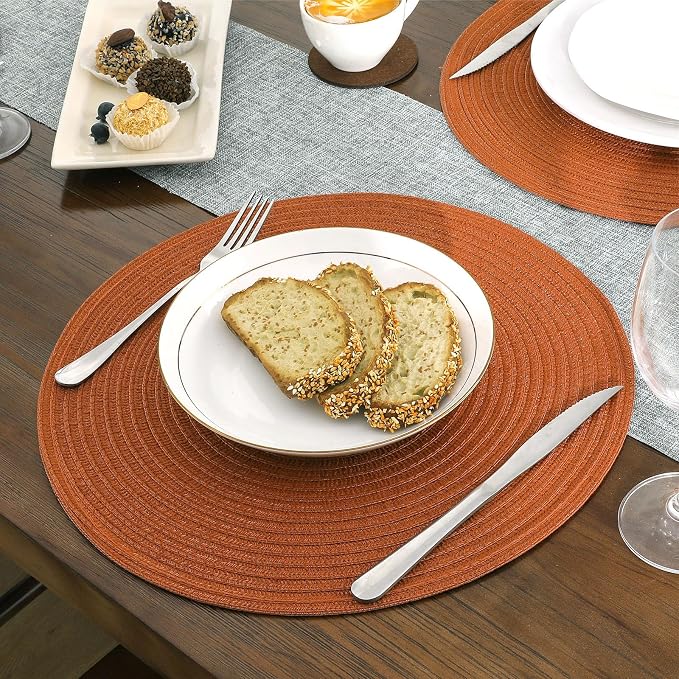SHACOS Round Placemats Set of 8 Washable 15 inch Round Placemat Cotton Polyester Woven Braided Table Place Mats for Dining Table Wedding Party Decor, Dark Orange